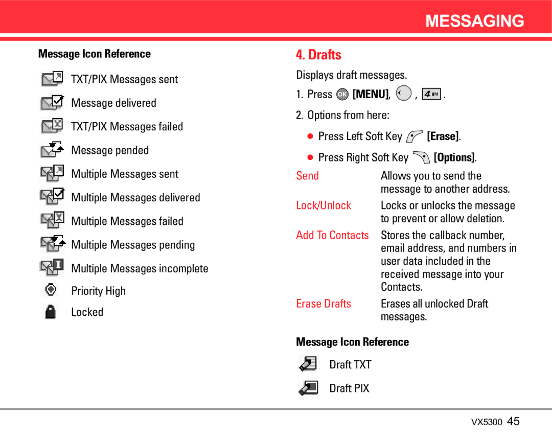 LG Electronics VX5300 manual Drafts, Allows you to send, Erases all unlocked Draft, Draft TXT Draft PIX 