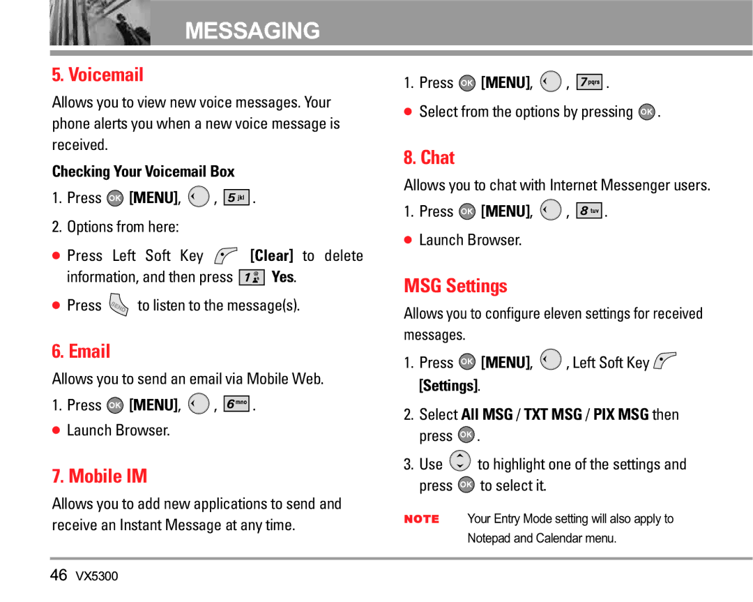 LG Electronics VX5300 manual Voicemail, Mobile IM, Chat, MSG Settings 