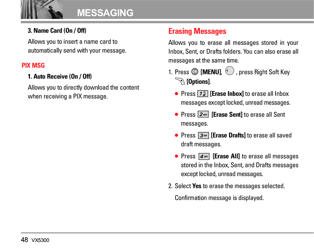 LG Electronics VX5300 manual Erasing Messages, Name Card On / Off, Auto Receive On / Off, Except locked, unread messages 