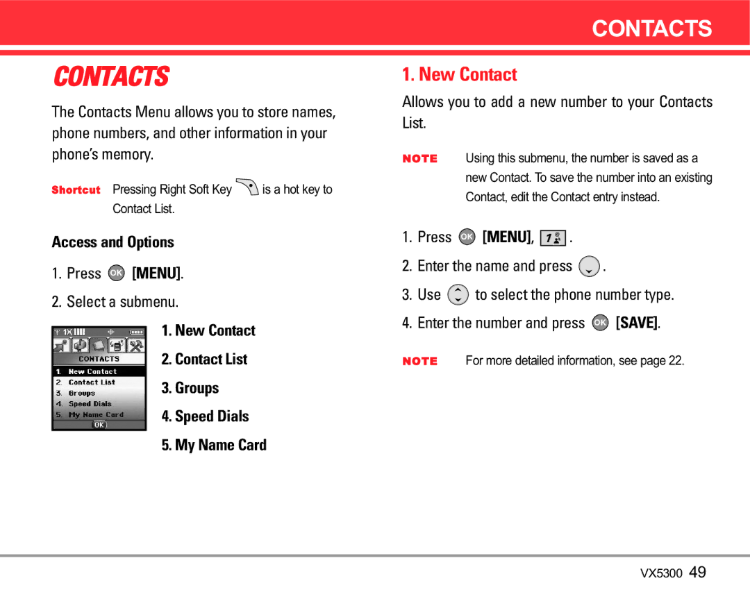 LG Electronics VX5300 manual Press Menu Select a submenu, New Contact Contact List Groups Speed Dials My Name Card 