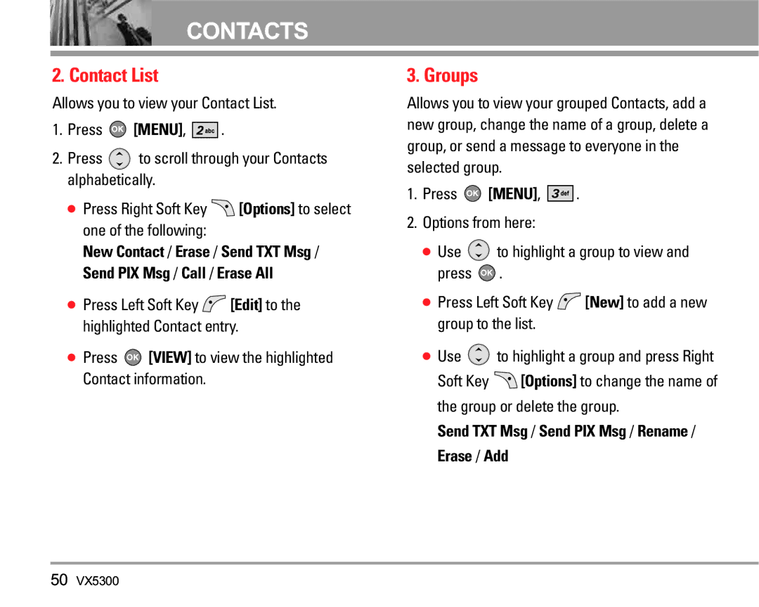 LG Electronics VX5300 manual Contact List, Groups, Press View to view the highlighted Contact information 