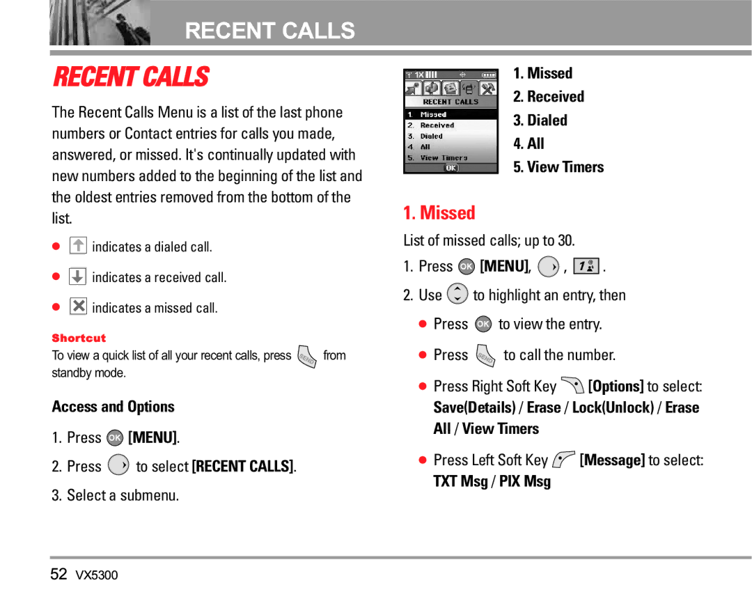 LG Electronics VX5300 manual Missed, Press Menu Press to select Recent Calls Select a submenu 