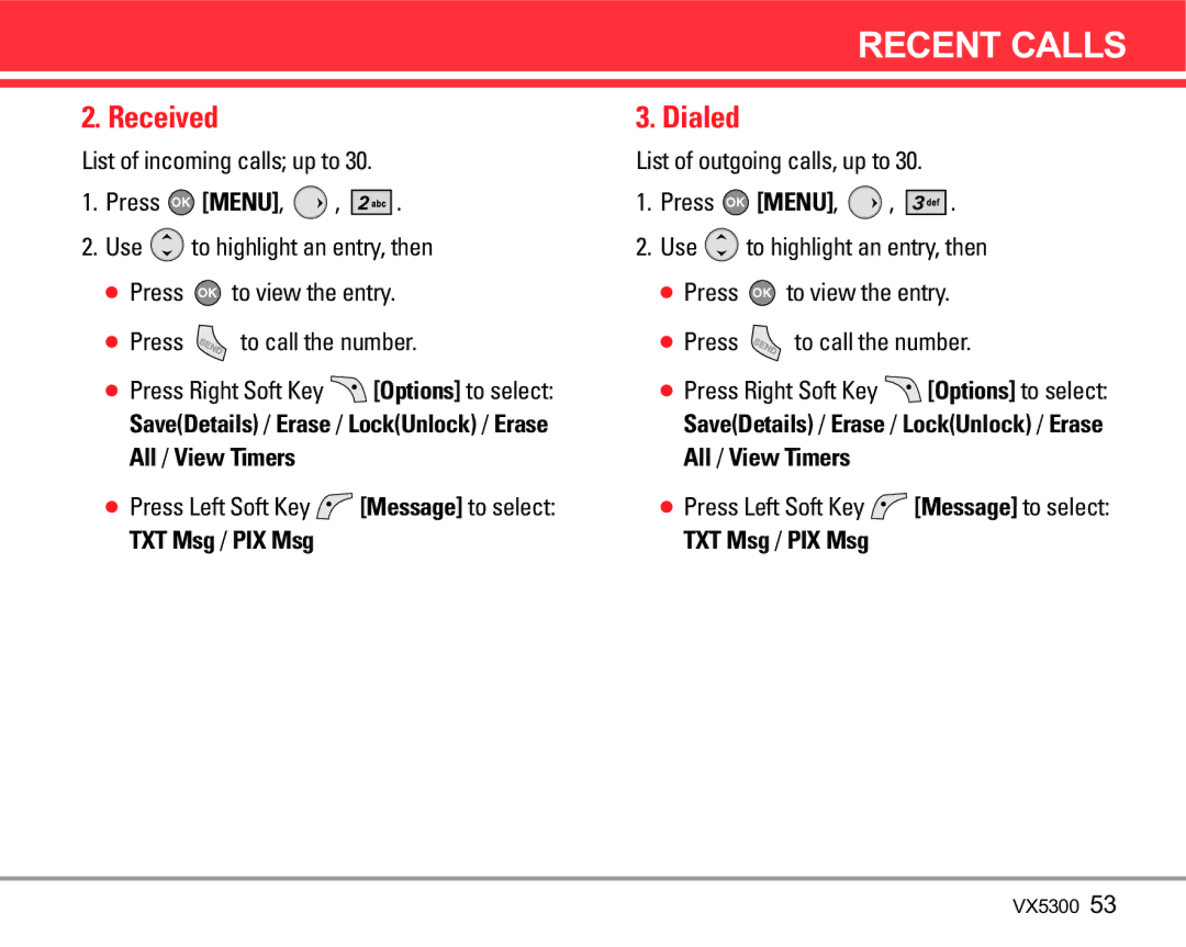 LG Electronics VX5300 manual Received, Dialed 