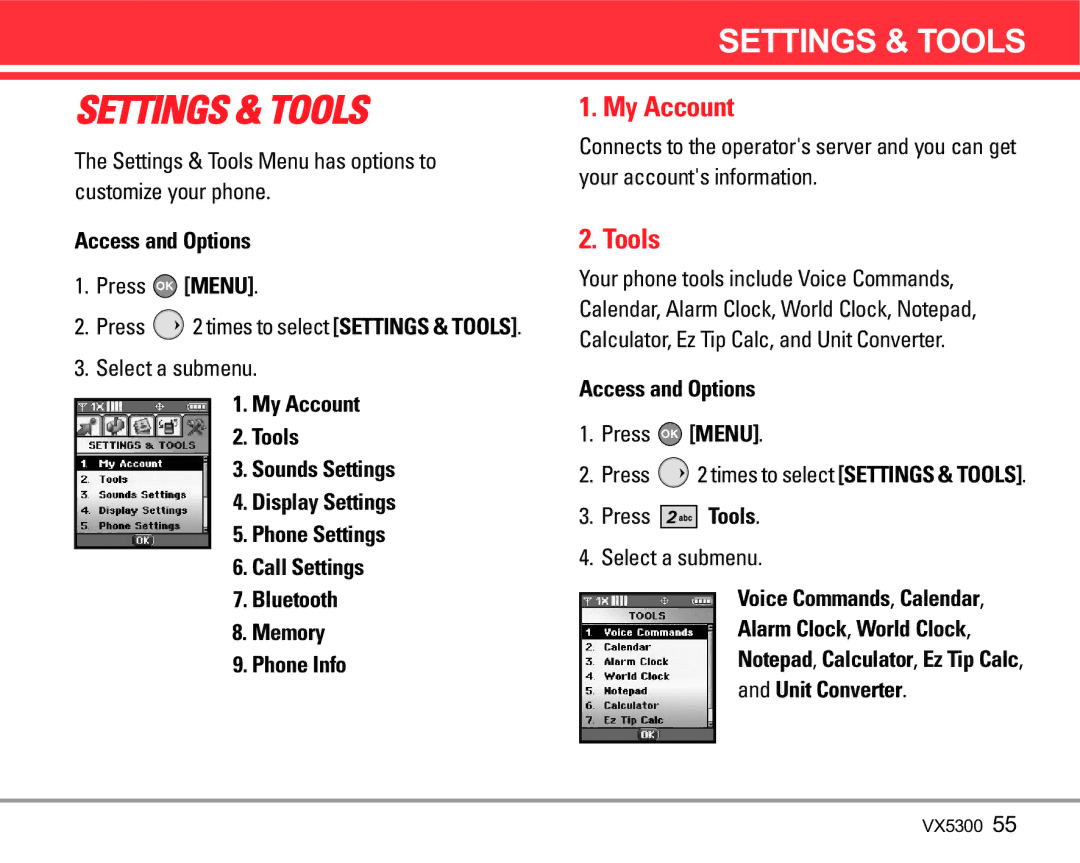 LG Electronics VX5300 manual My Account, Settings & Tools Menu has options to customize your phone 