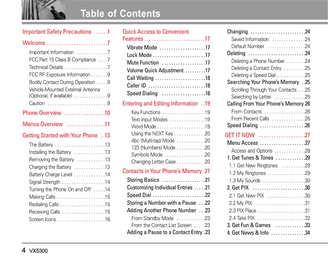 LG Electronics VX5300 manual Table of Contents 