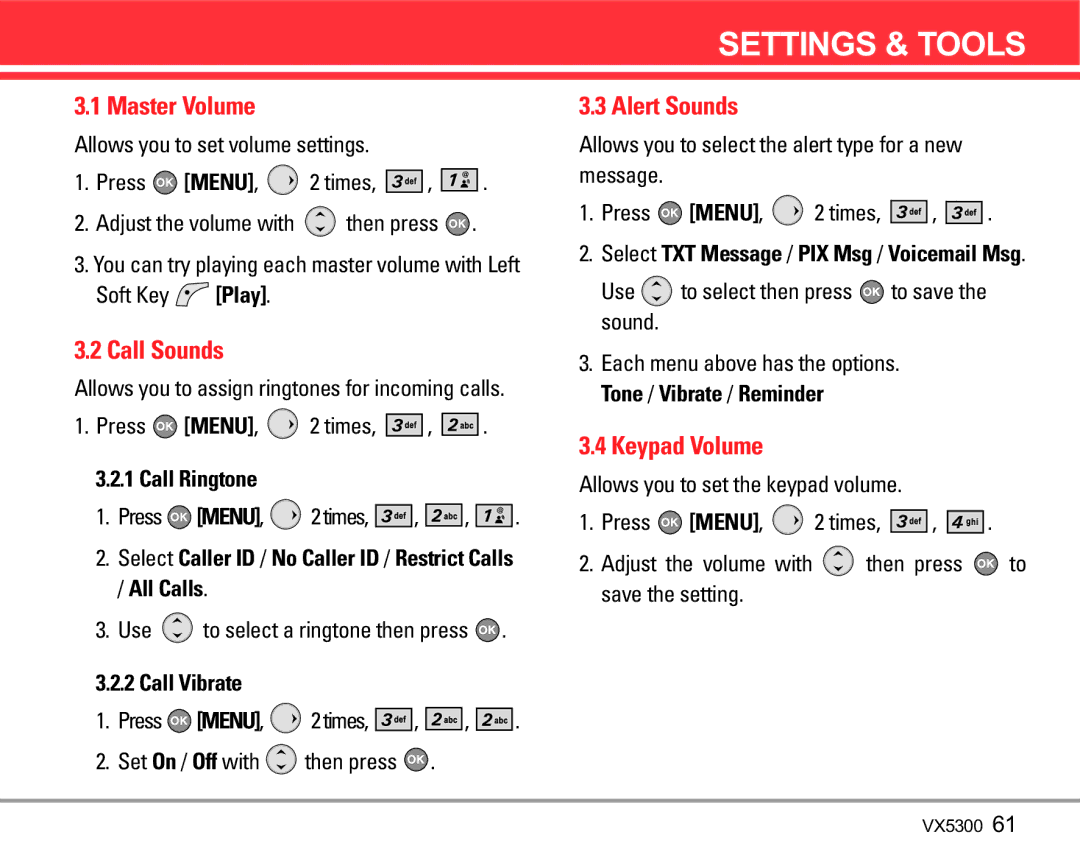 LG Electronics VX5300 manual Master Volume, Call Sounds, Alert Sounds, Keypad Volume 