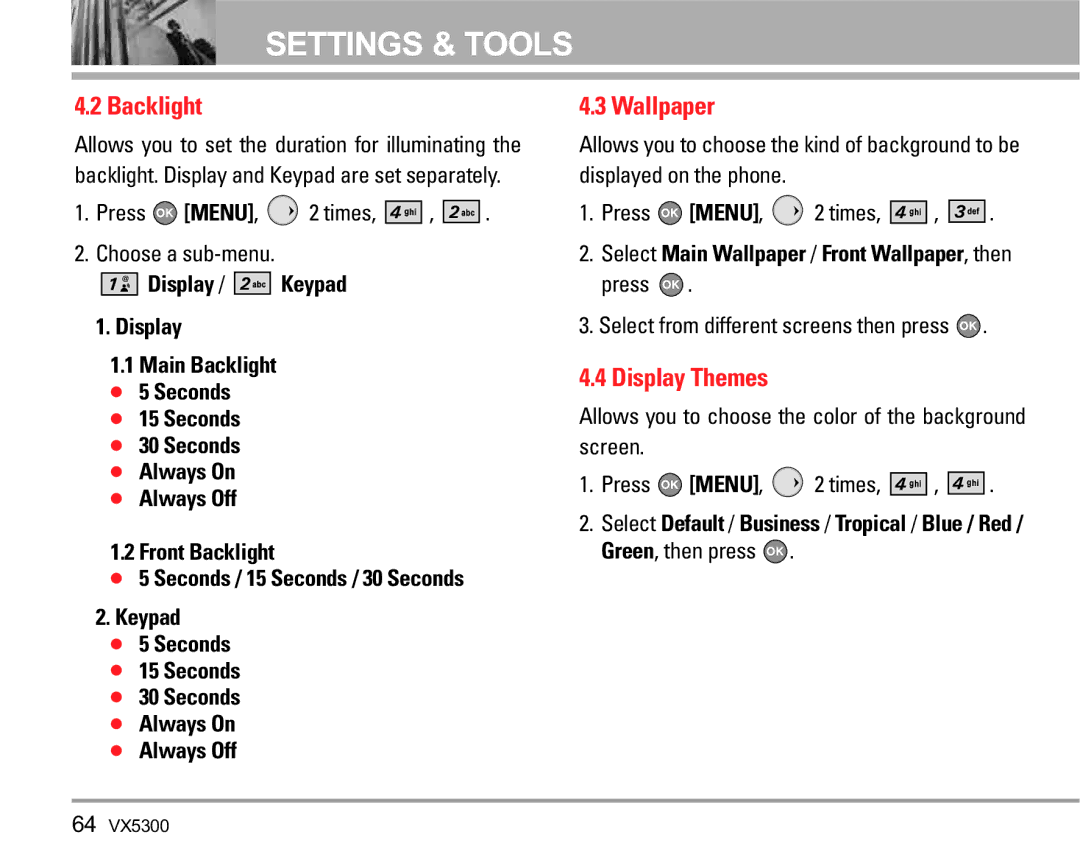 LG Electronics VX5300 manual Backlight, Wallpaper, Display Themes, Display / Keypad 