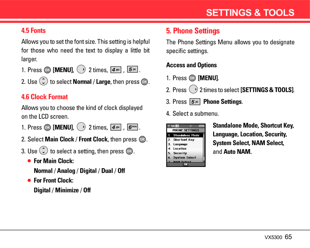 LG Electronics VX5300 manual Phone Settings, Fonts, Clock Format, For Main Clock Normal / Analog / Digital / Dual / Off 