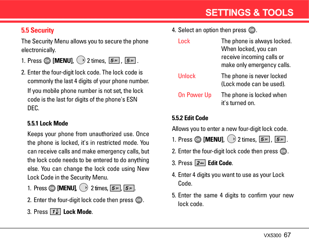 LG Electronics VX5300 manual Security, Press Lock Mode, Press Edit Code 