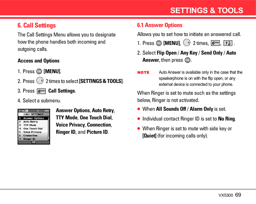 LG Electronics VX5300 manual Answer Options, Press Call Settings, When All Sounds Off / Alarm Only is set 