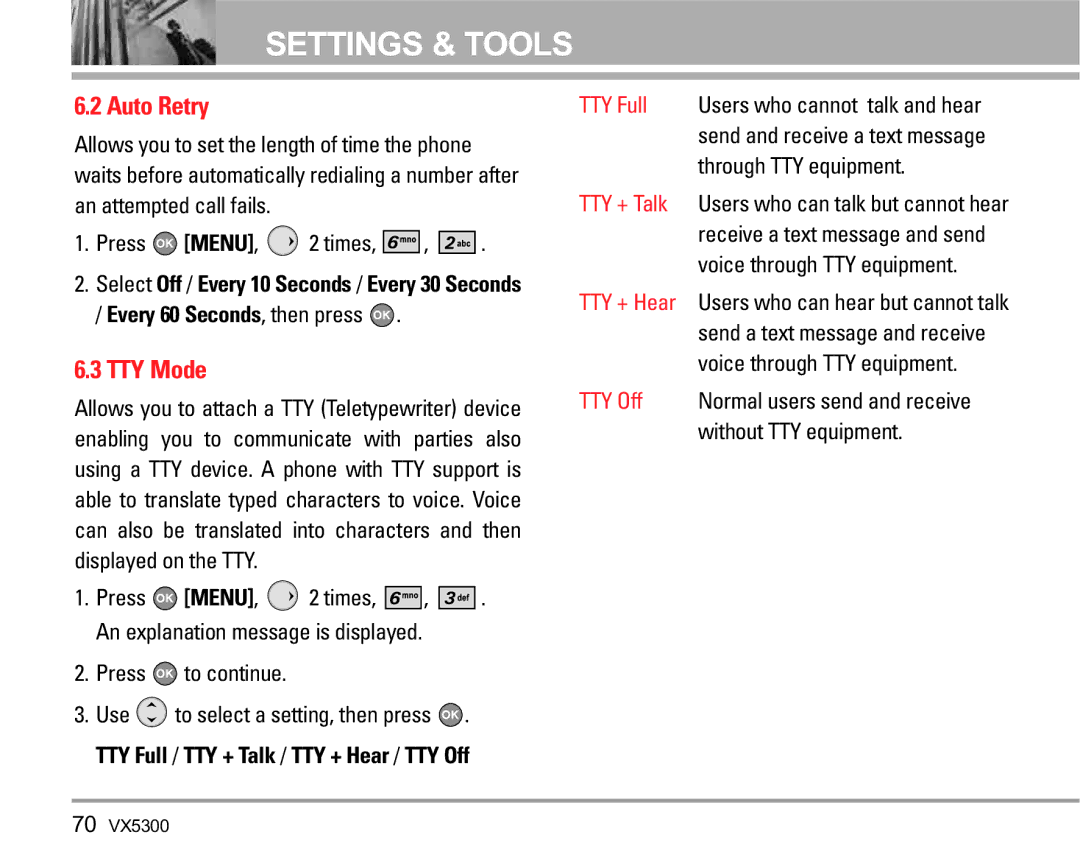 LG Electronics VX5300 manual Auto Retry, TTY Mode 