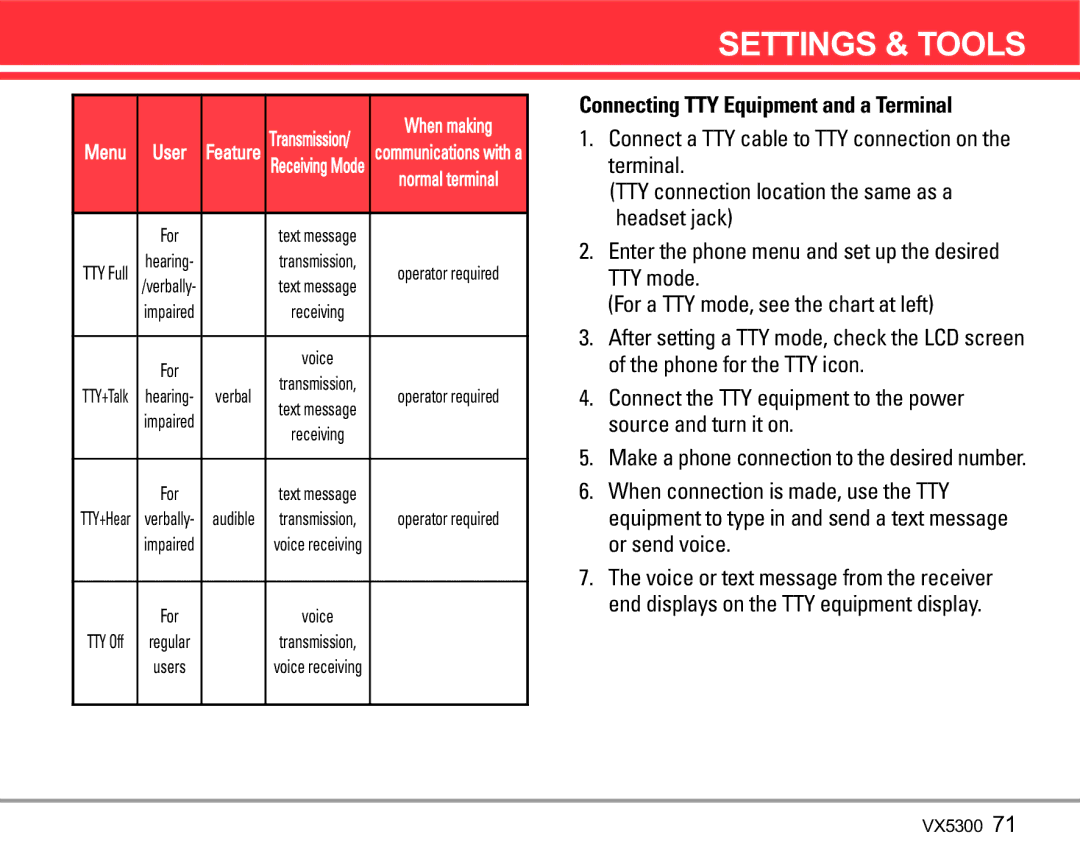 LG Electronics VX5300 manual Connecting TTY Equipment and a Terminal, When making 