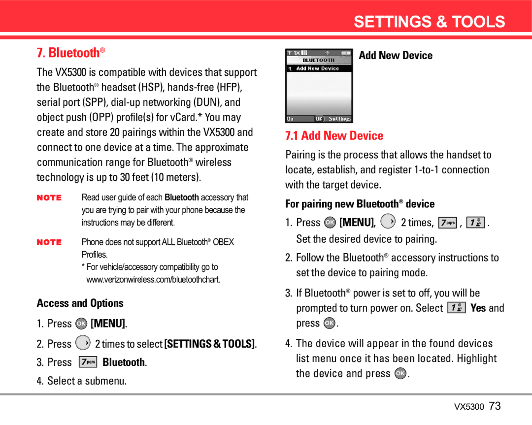 LG Electronics VX5300 manual Add New Device, Press Bluetooth, For pairing new Bluetooth device 