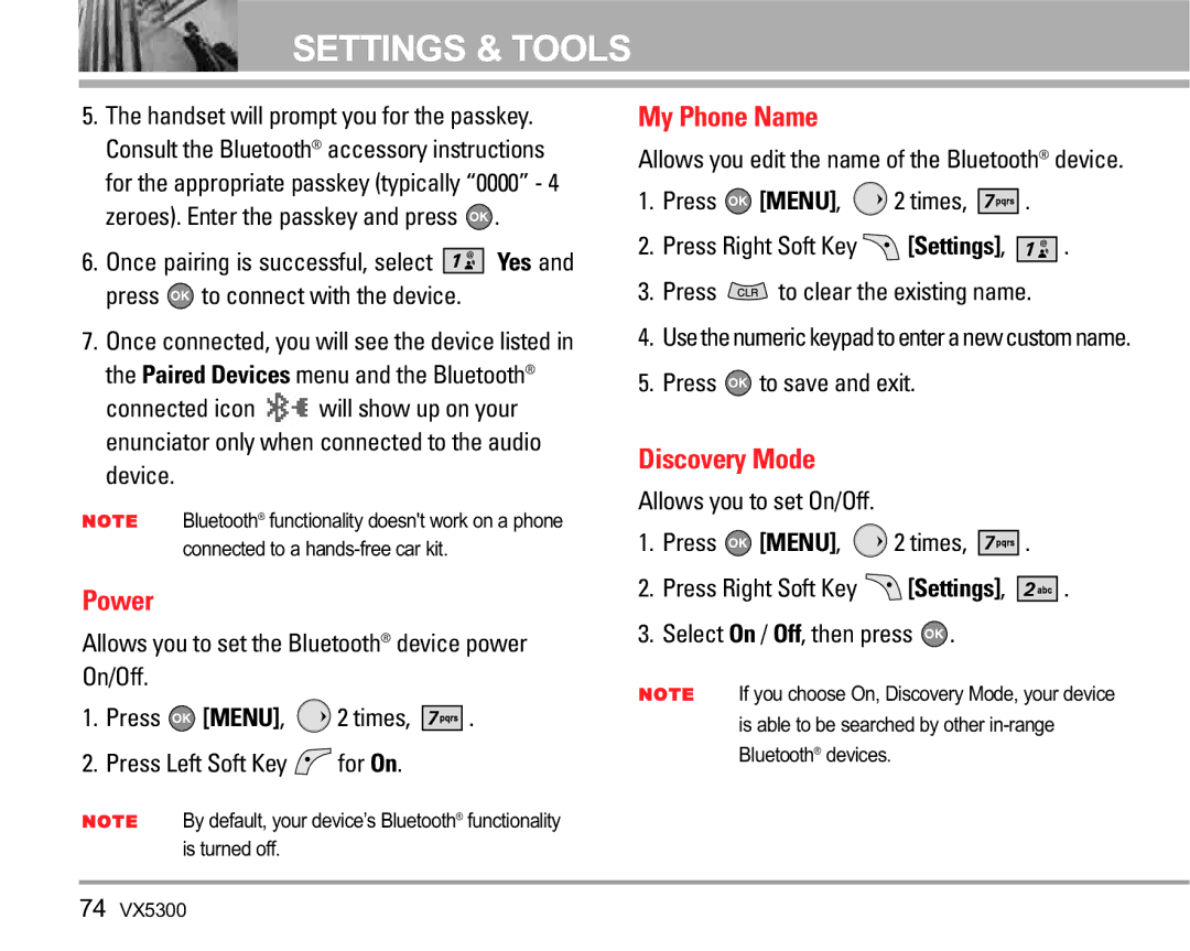 LG Electronics VX5300 manual Power, My Phone Name, Discovery Mode 