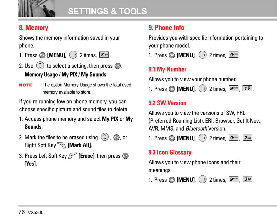 LG Electronics VX5300 manual Memory, Phone Info, My Number, SW Version, Icon Glossary 