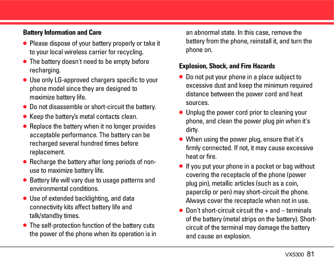 LG Electronics VX5300 manual Battery Information and Care, Explosion, Shock, and Fire Hazards 