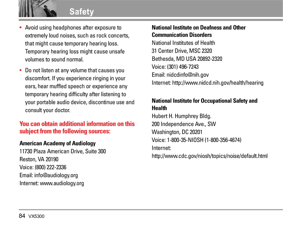 LG Electronics VX5300 manual American Academy of Audiology, National Institutes of Health, Email nidcdinfo@nih.gov 