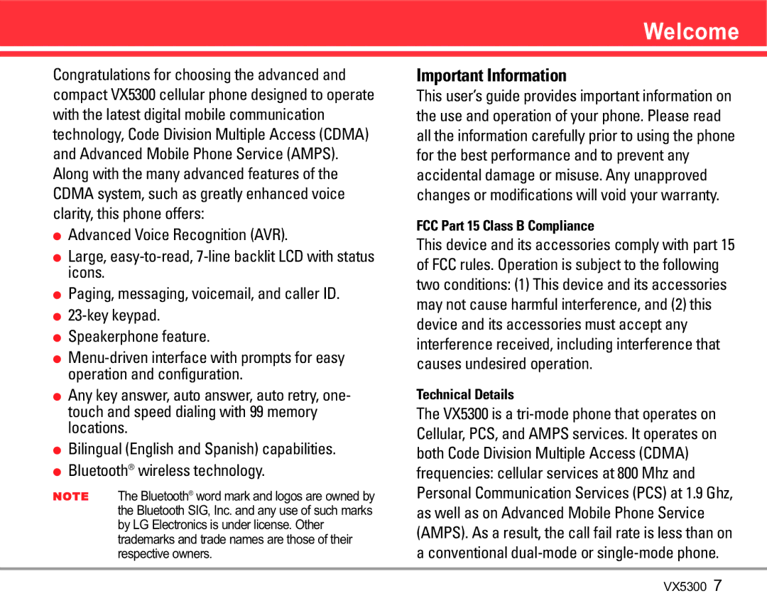 LG Electronics VX5300 manual Welcome, Important Information 