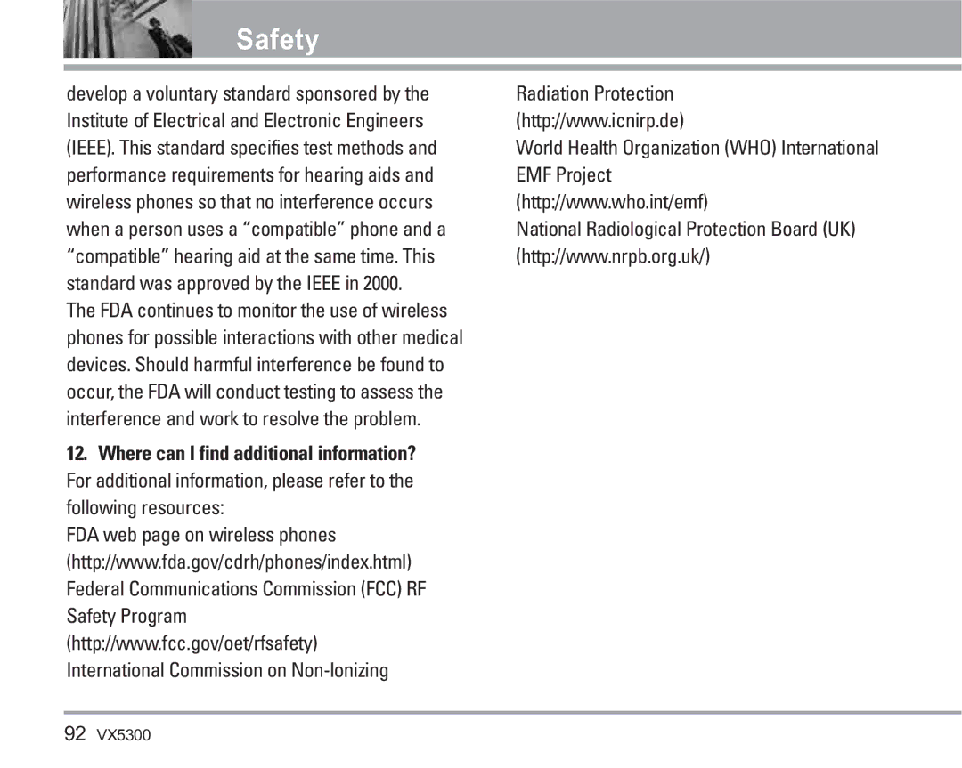 LG Electronics VX5300 Where can I find additional information?, Safety Program International Commission on Non-lonizing 