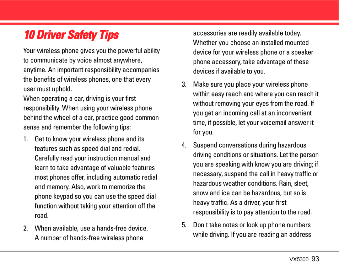 LG Electronics VX5300 manual Driver Safety Tips 