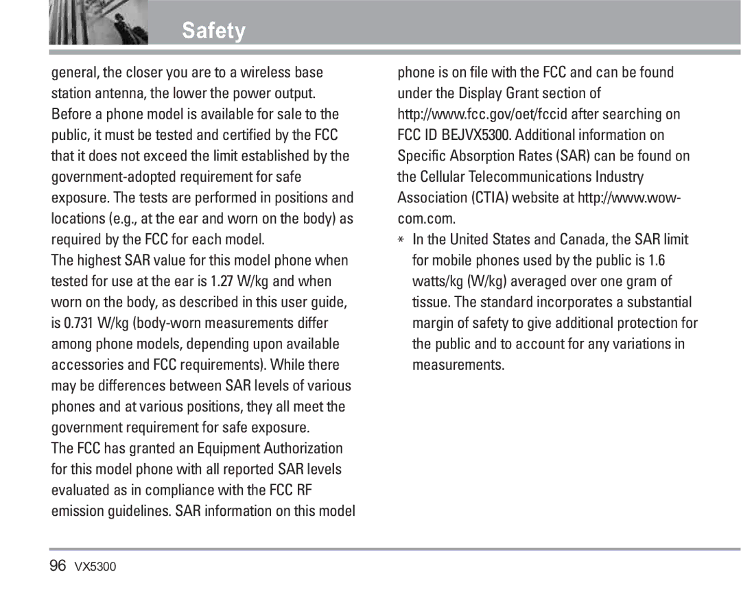 LG Electronics VX5300 manual Safety 