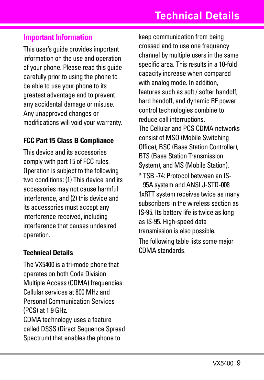 LG Electronics VX5400 manual Technical Details, Important Information, Following table lists some major Cdma standards 