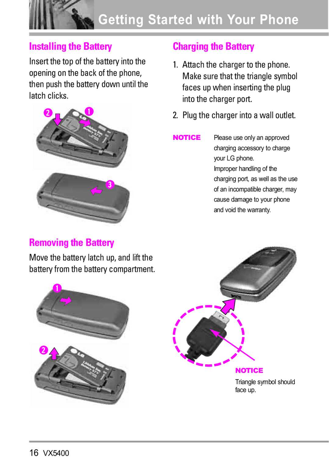 LG Electronics VX5400 Getting Started with Your Phone, Installing the Battery, Charging the Battery, Removing the Battery 