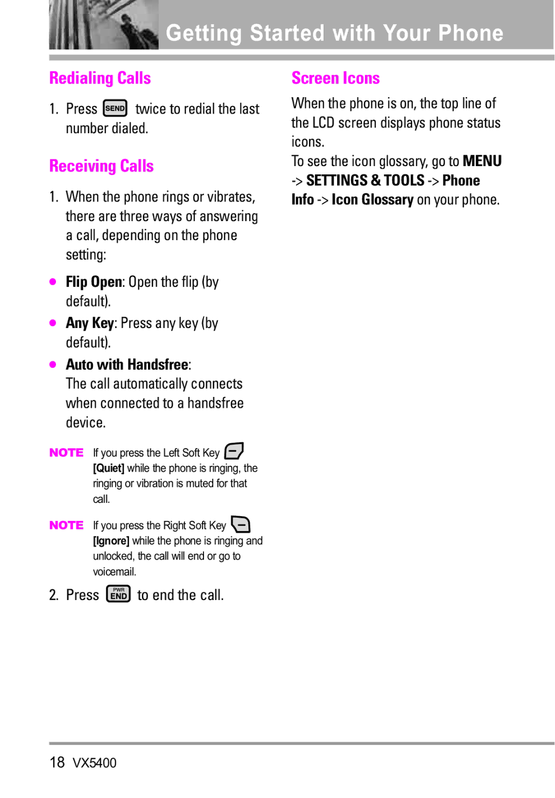 LG Electronics VX5400 manual Redialing Calls, Receiving Calls, Screen Icons, Press twice to redial the last number dialed 