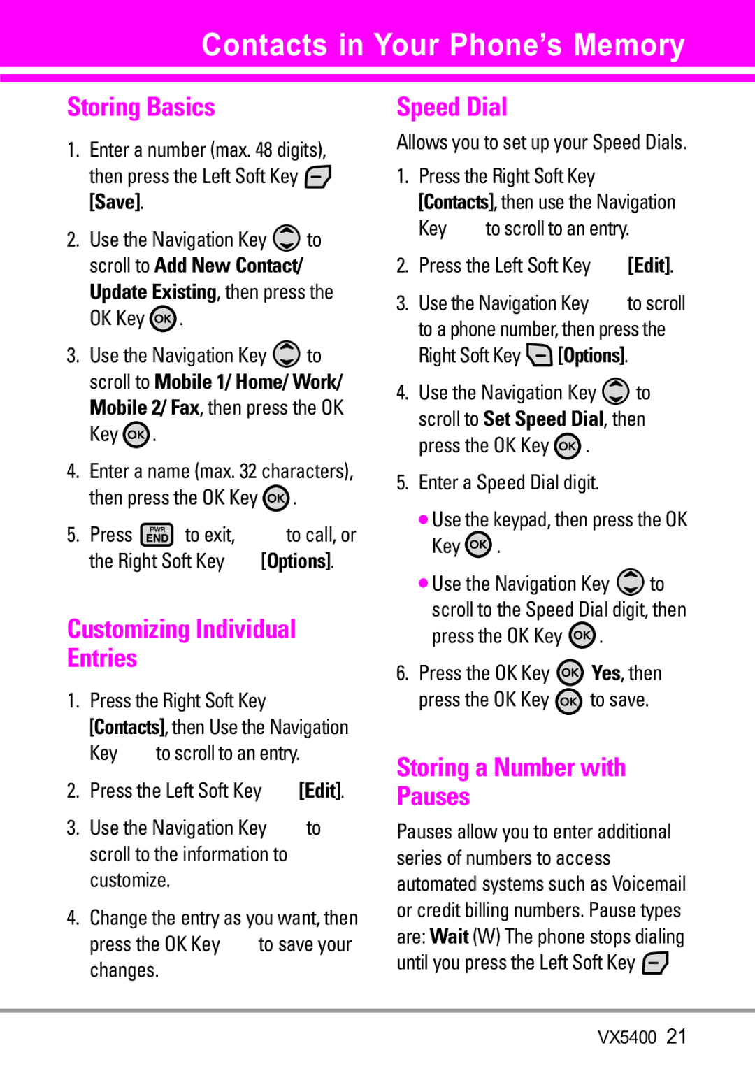 LG Electronics VX5400 manual Contacts in Your Phone’s Memory, Storing Basics, Customizing Individual Entries, Speed Dial 