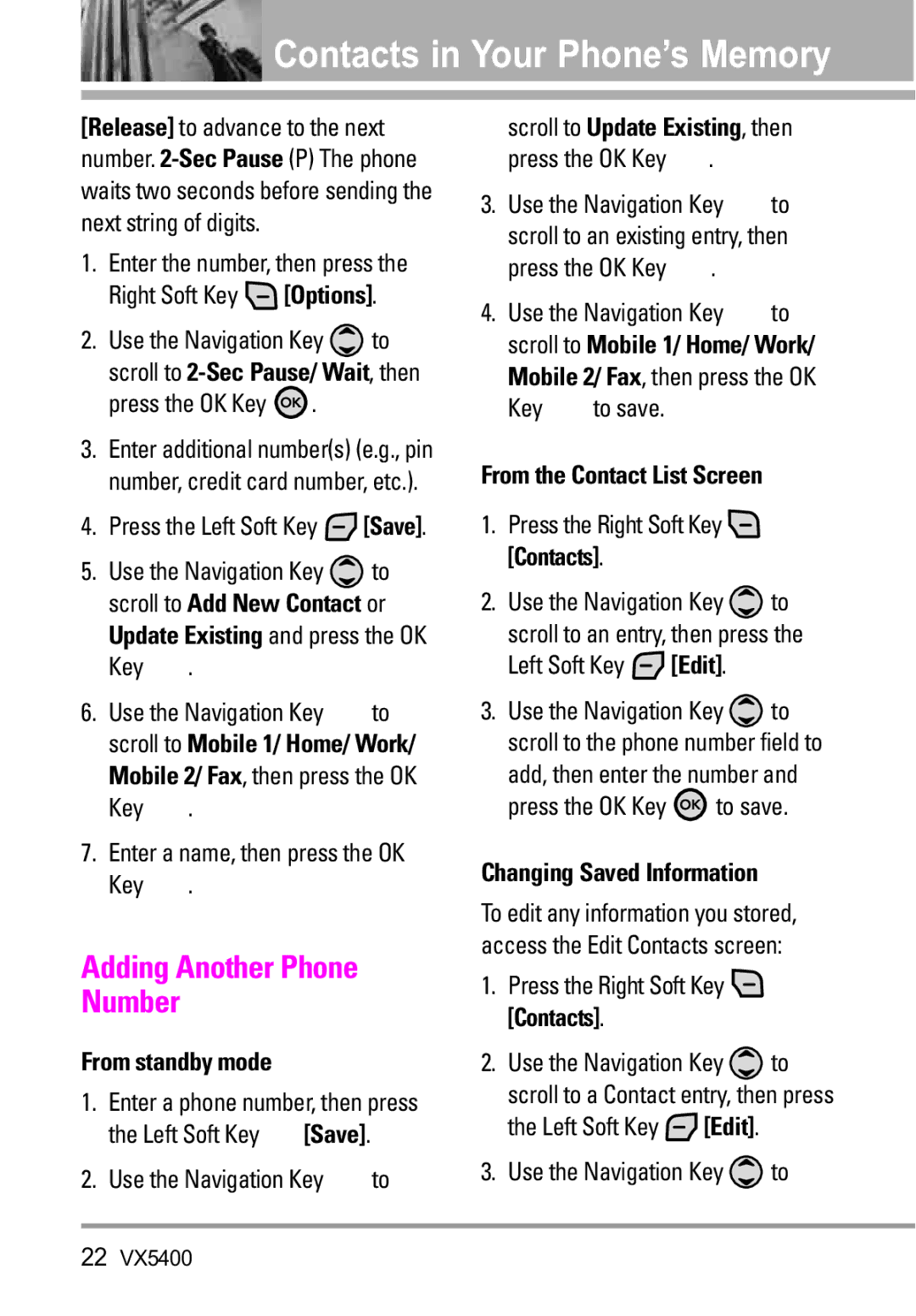 LG Electronics VX5400 manual Adding Another Phone Number, From standby mode, From the Contact List Screen 