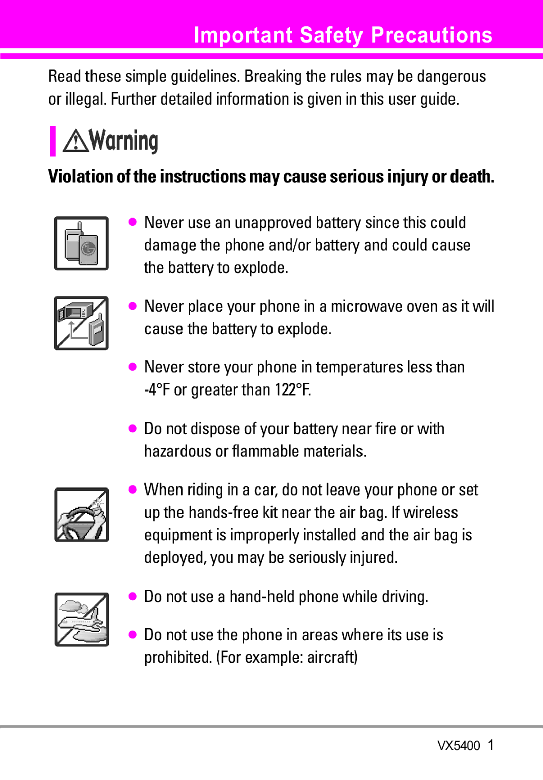 LG Electronics VX5400 manual Important Safety Precautions, When riding in a car, do not leave your phone or set 