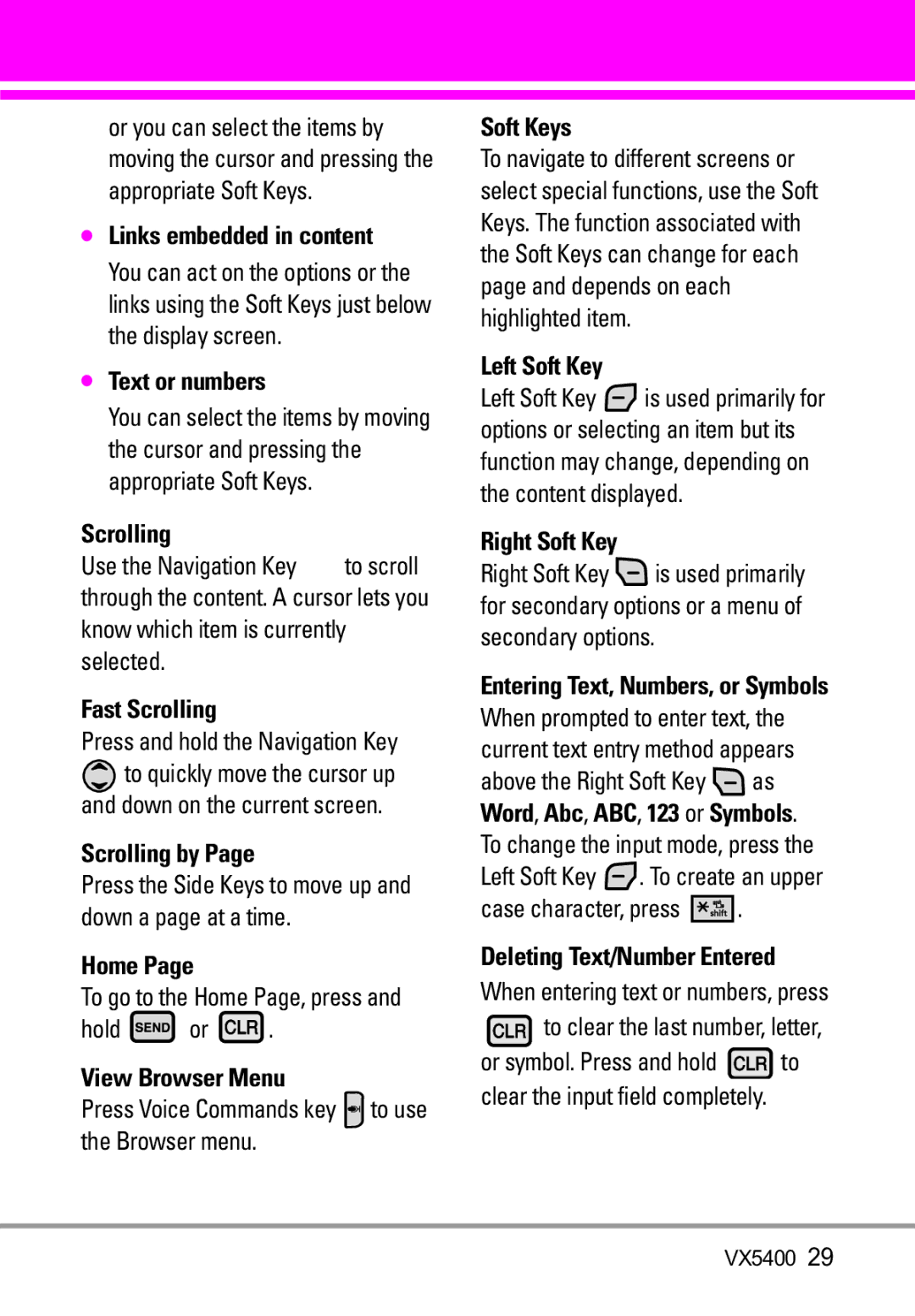 LG Electronics VX5400 Text or numbers, Fast Scrolling, Scrolling by, Home, View Browser Menu, Soft Keys, Left Soft Key 