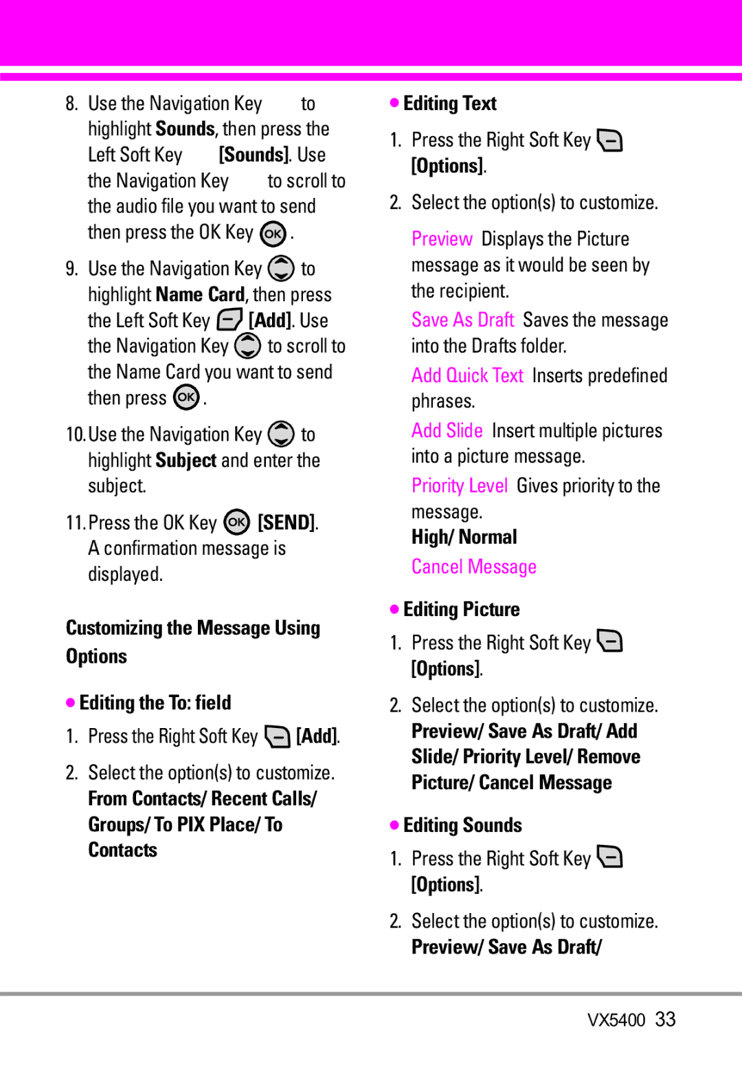 LG Electronics VX5400 manual Then press the OK Key, Editing Picture, Editing Sounds, Preview/ Save As Draft 