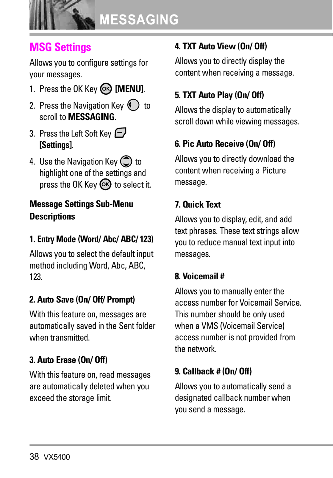 LG Electronics VX5400 manual MSG Settings 