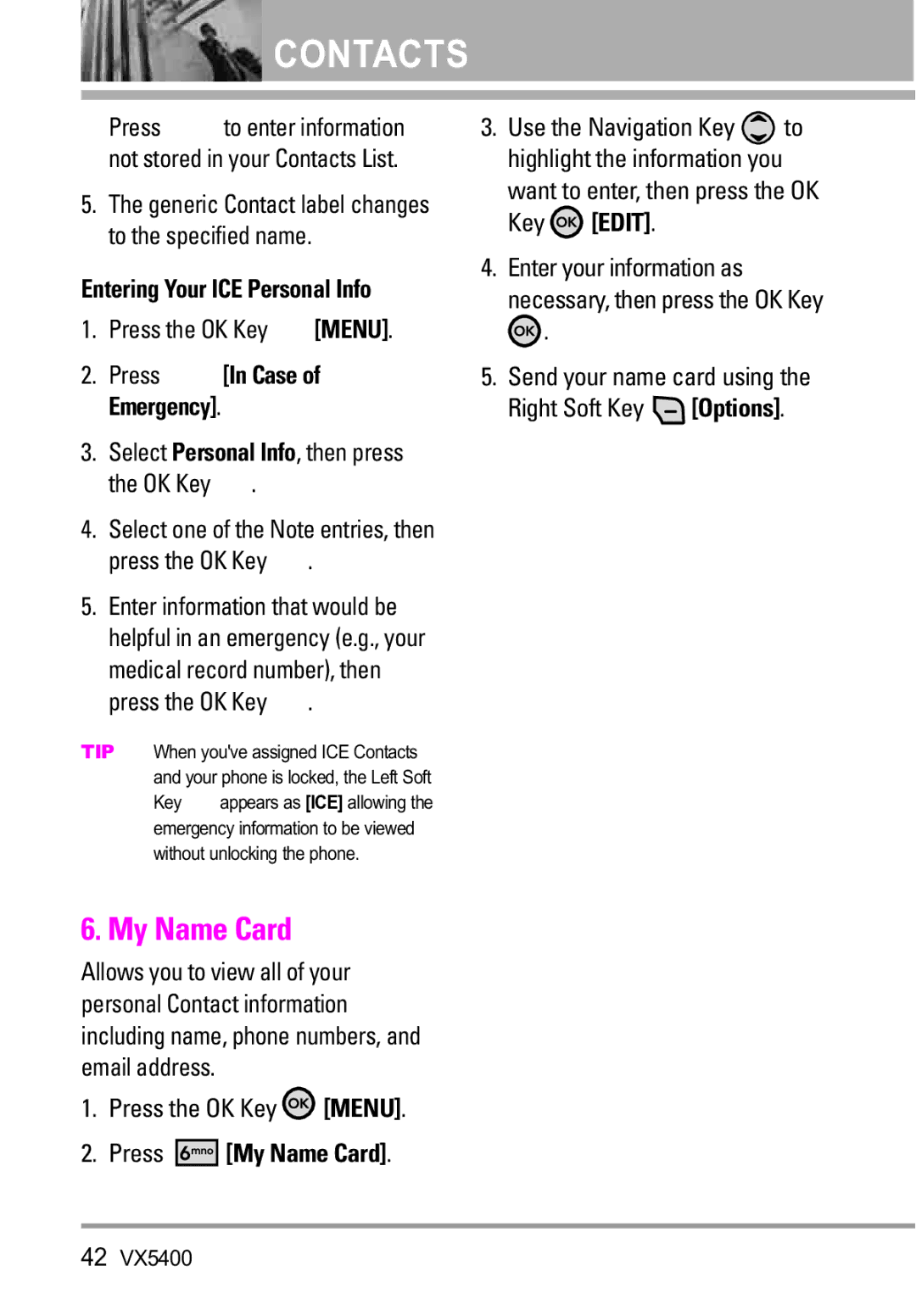 LG Electronics VX5400 manual Press My Name Card, Entering Your ICE Personal Info 