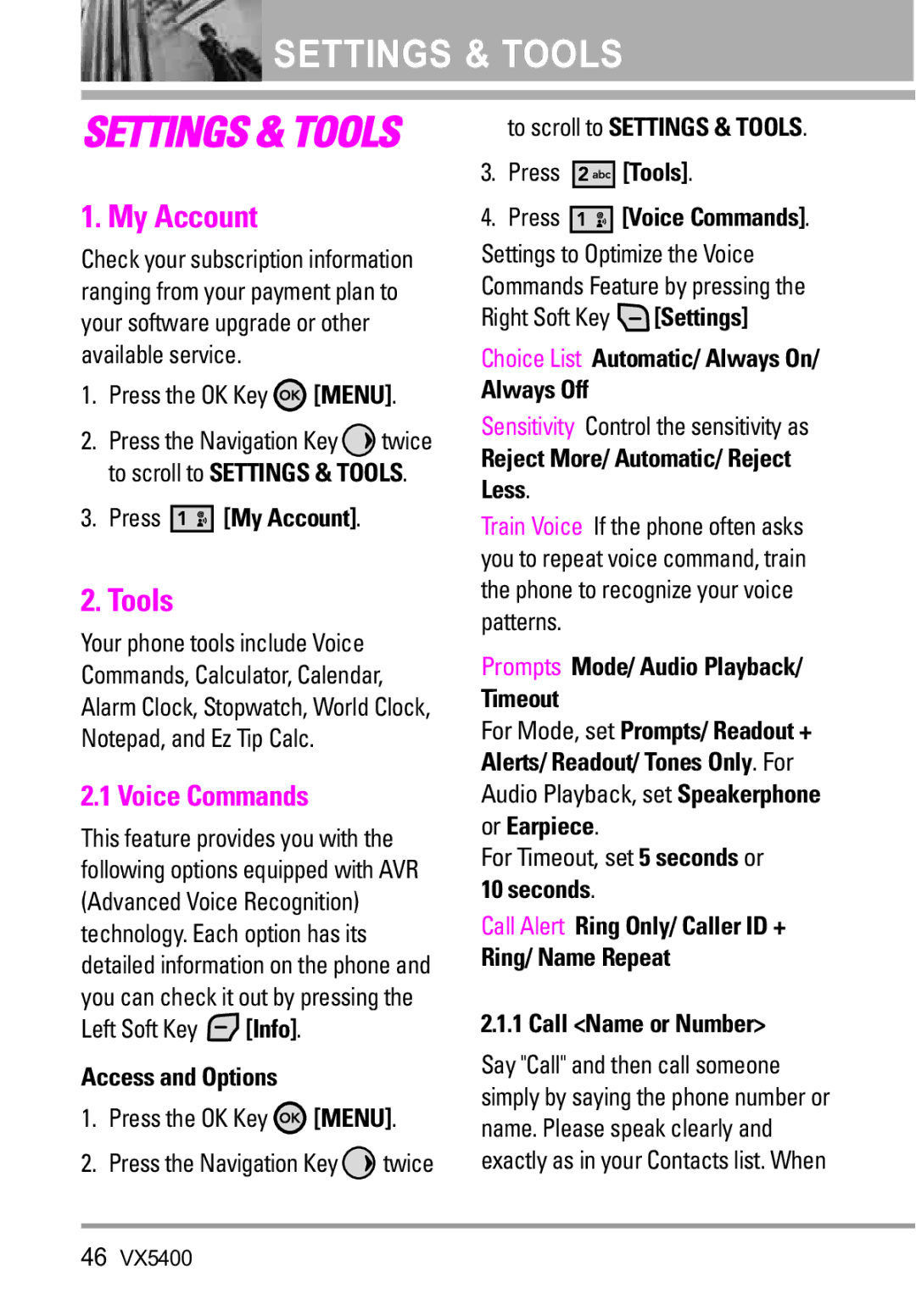 LG Electronics VX5400 manual My Account, Tools, Voice Commands 