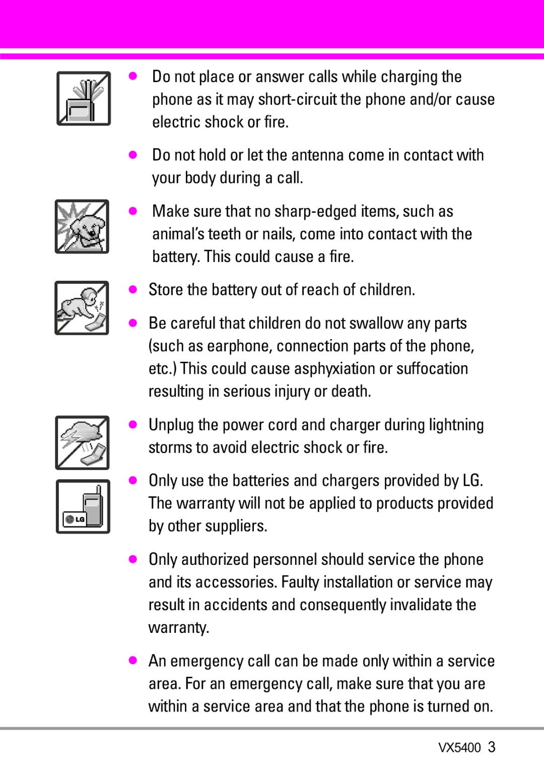 LG Electronics VX5400 manual Store the battery out of reach of children 