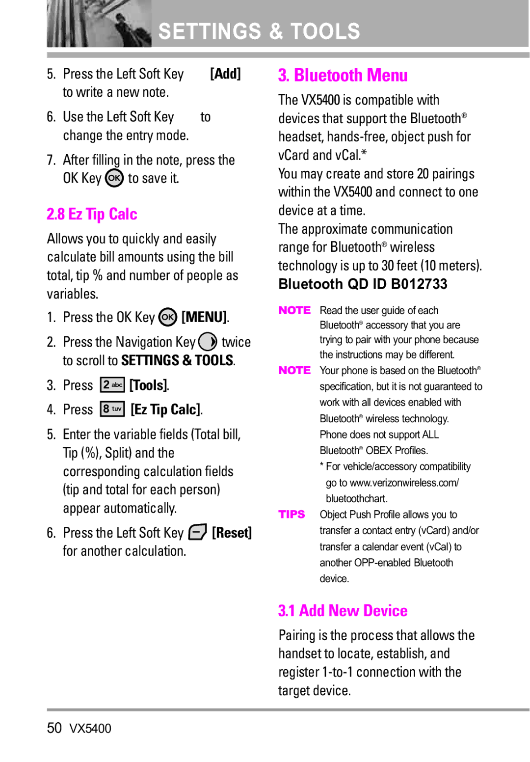 LG Electronics VX5400 manual Bluetooth Menu, Add New Device, Press Tools Press Ez Tip Calc, Bluetooth QD ID B012733 