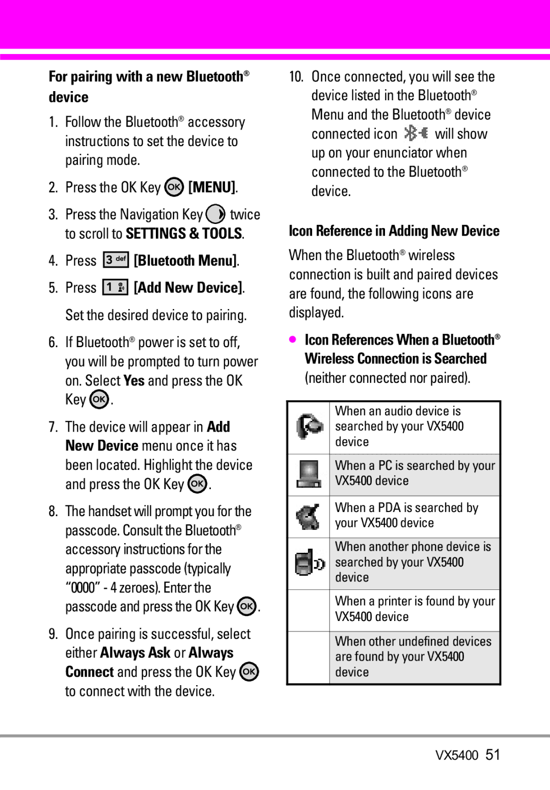 LG Electronics VX5400 For pairing with a new Bluetooth device, On. Select Yes and press the OK Key, Press Bluetooth Menu 