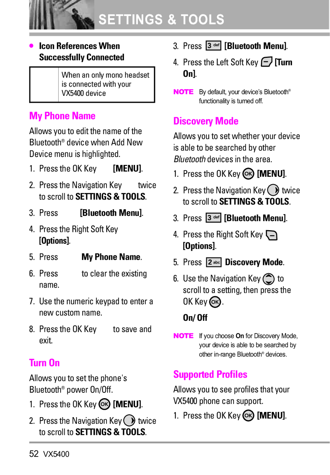 LG Electronics VX5400 manual My Phone Name, Turn On, Discovery Mode, Supported Profiles 