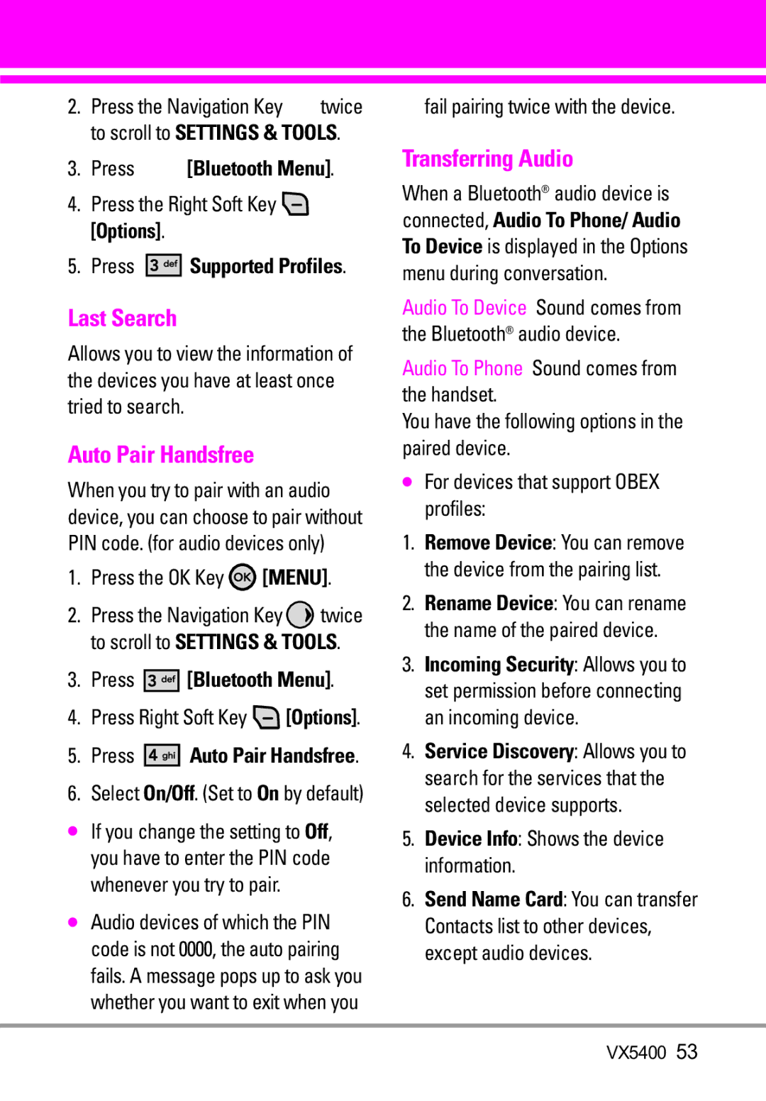 LG Electronics VX5400 manual Last Search, Auto Pair Handsfree, Transferring Audio, Connected, Audio To Phone/ Audio 