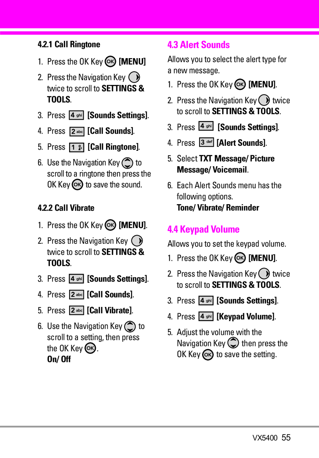 LG Electronics VX5400 manual Alert Sounds, Keypad Volume 