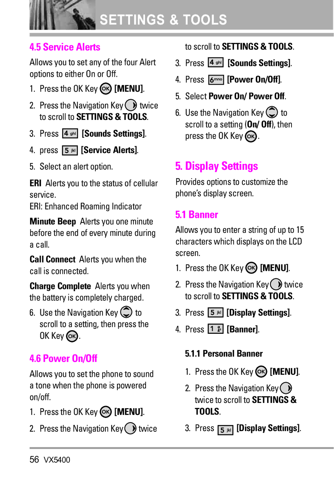 LG Electronics VX5400 manual Display Settings, Service Alerts, Power On/Off, Banner 