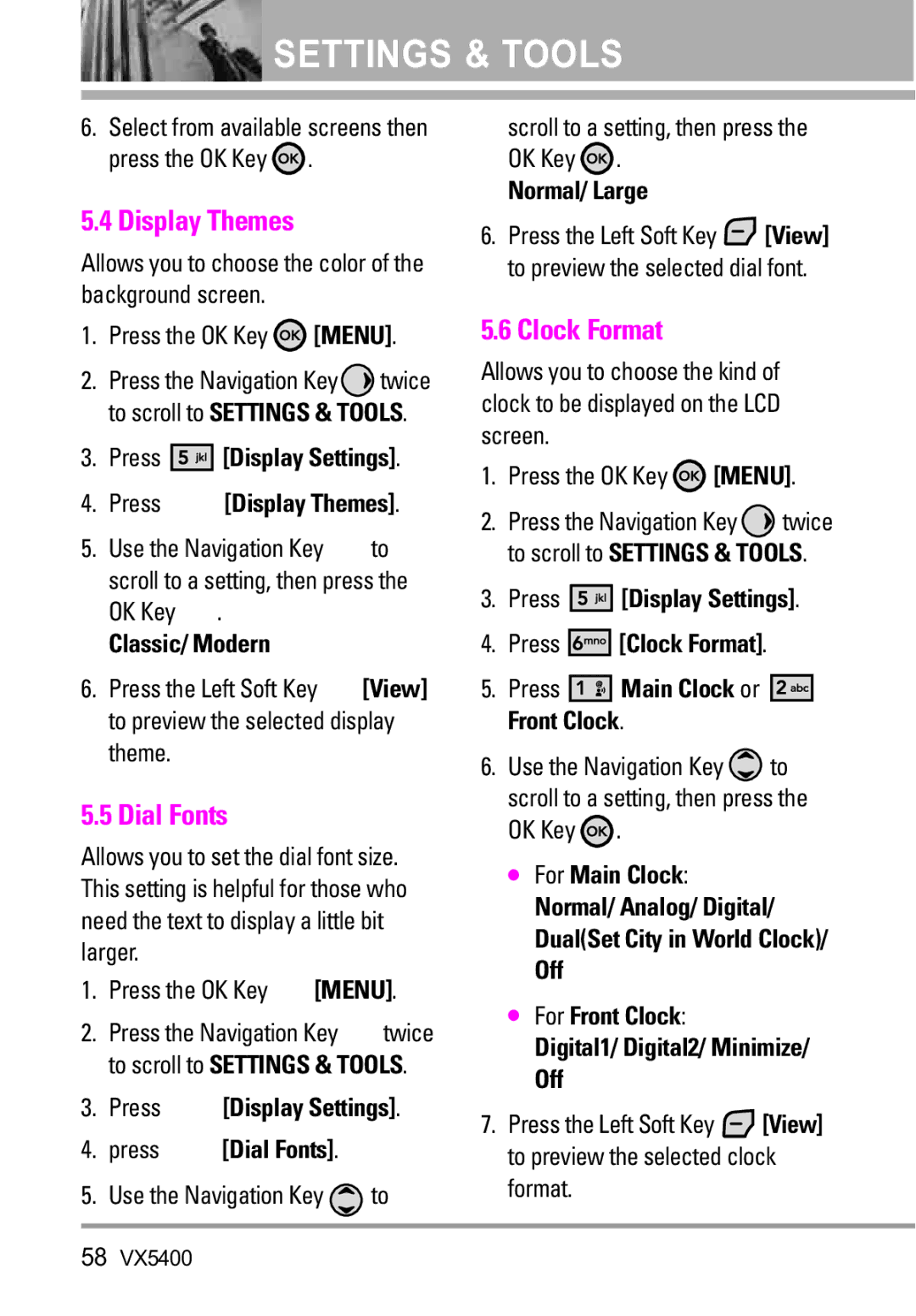 LG Electronics VX5400 manual Display Themes, Dial Fonts, Clock Format 