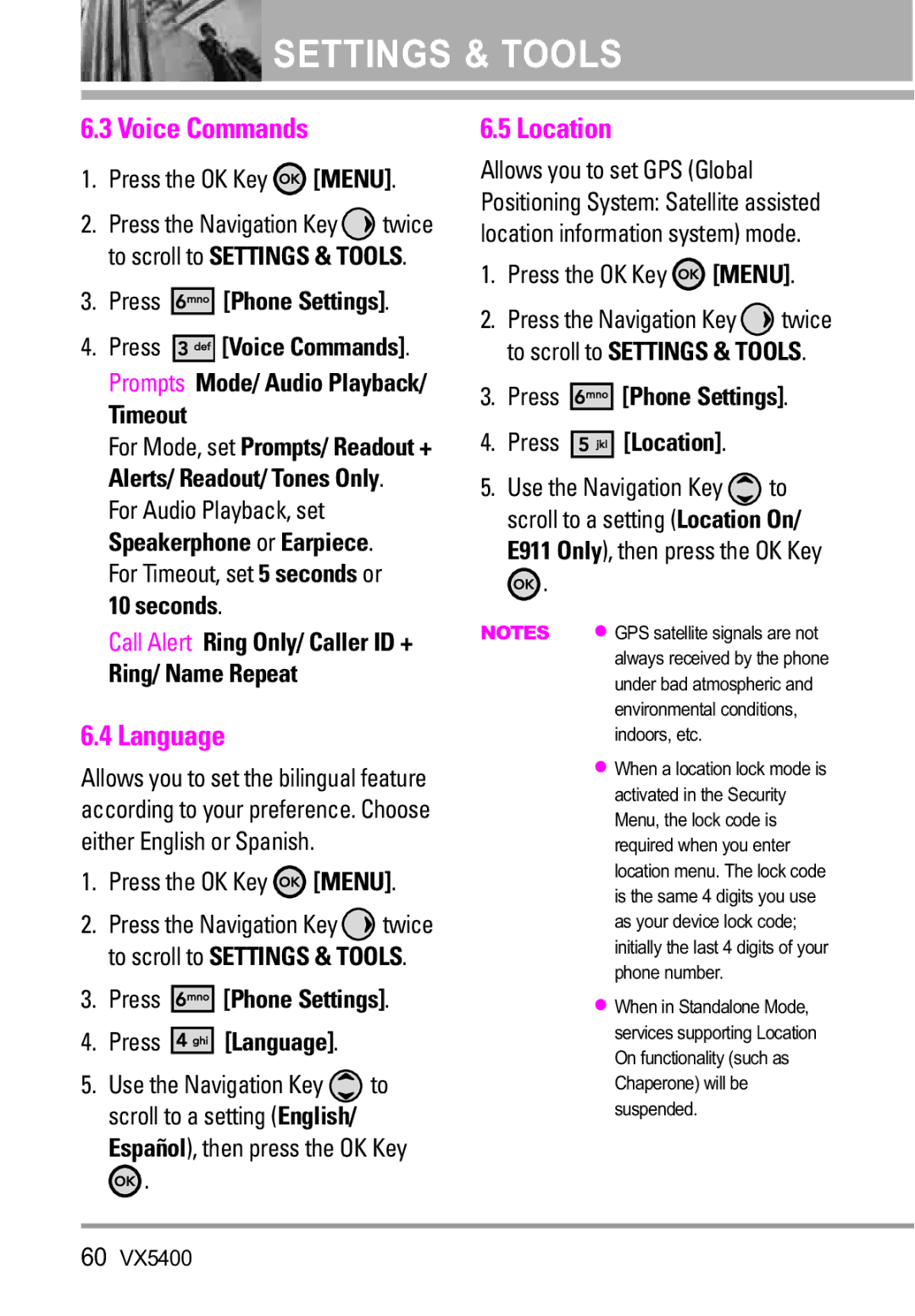 LG Electronics VX5400 manual Press Language, Press Phone Settings Press Location 