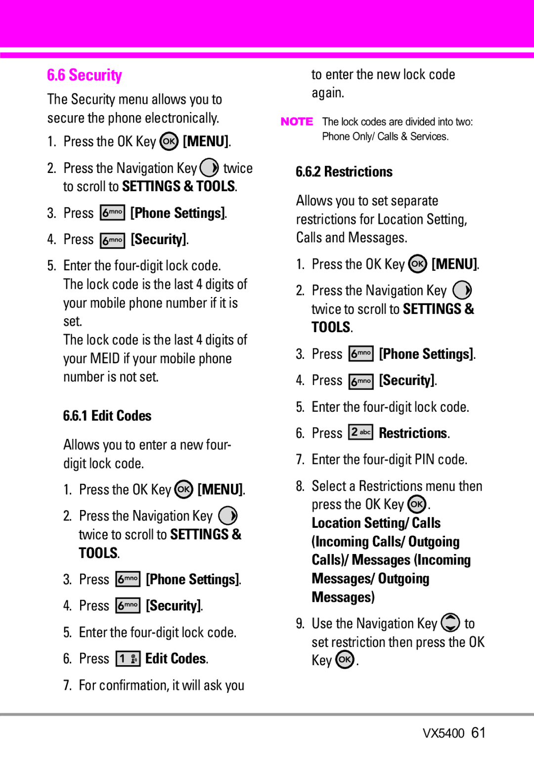 LG Electronics VX5400 manual Security 