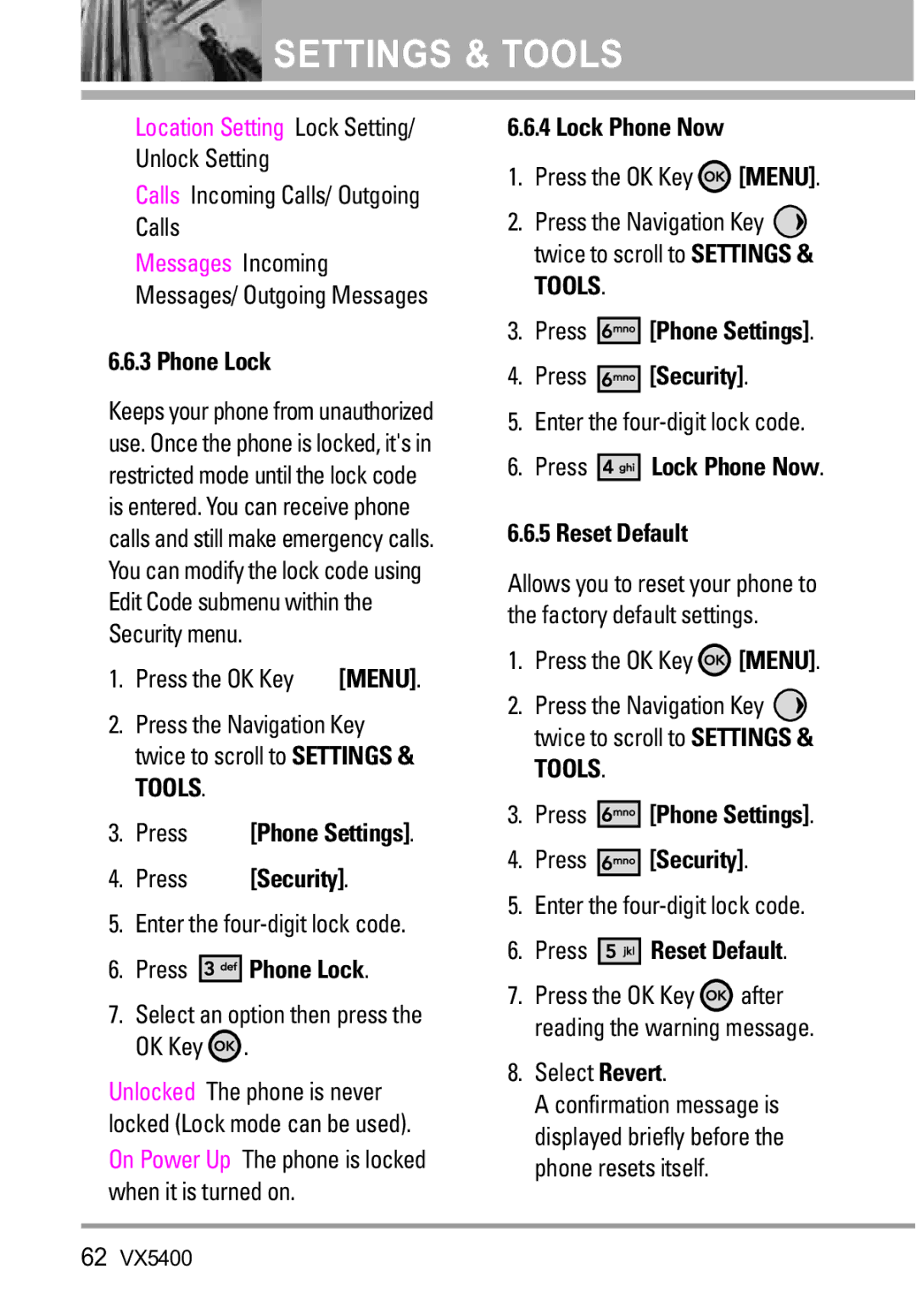 LG Electronics VX5400 manual Press Phone Lock, Press Lock Phone Now Reset Default, Press Reset Default 