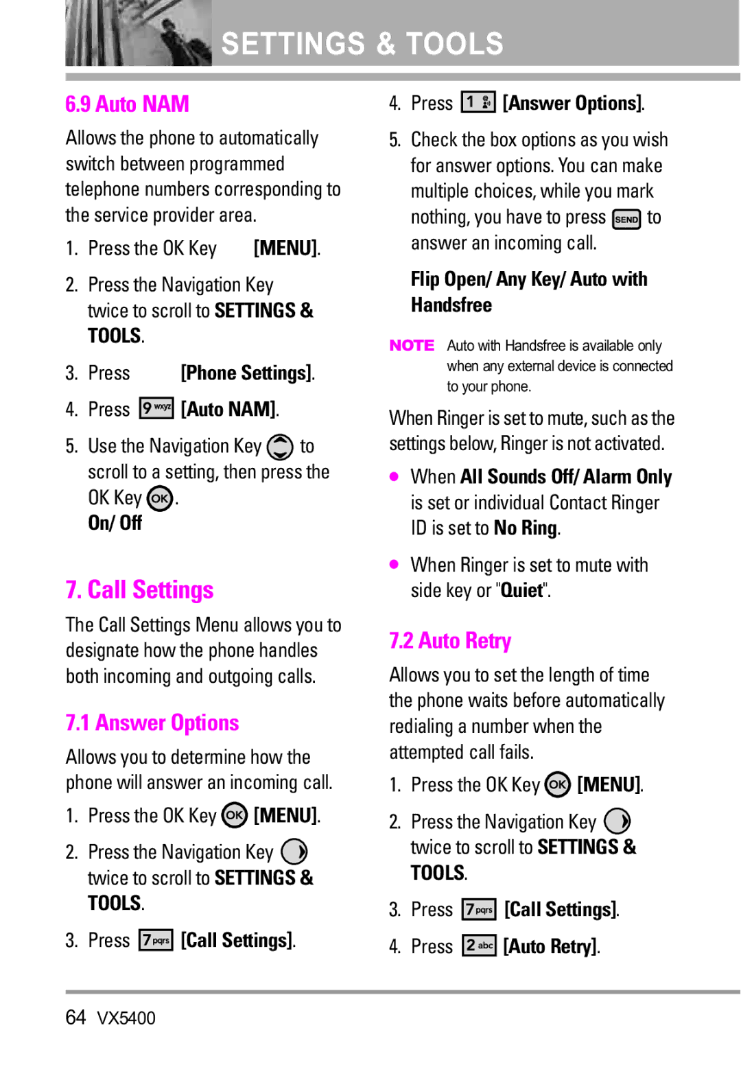 LG Electronics VX5400 manual Call Settings, Auto NAM, Answer Options, Auto Retry 
