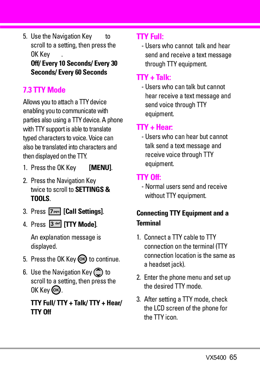 LG Electronics VX5400 manual TTY Mode, TTY Full, TTY + Talk, TTY + Hear, TTY Off 