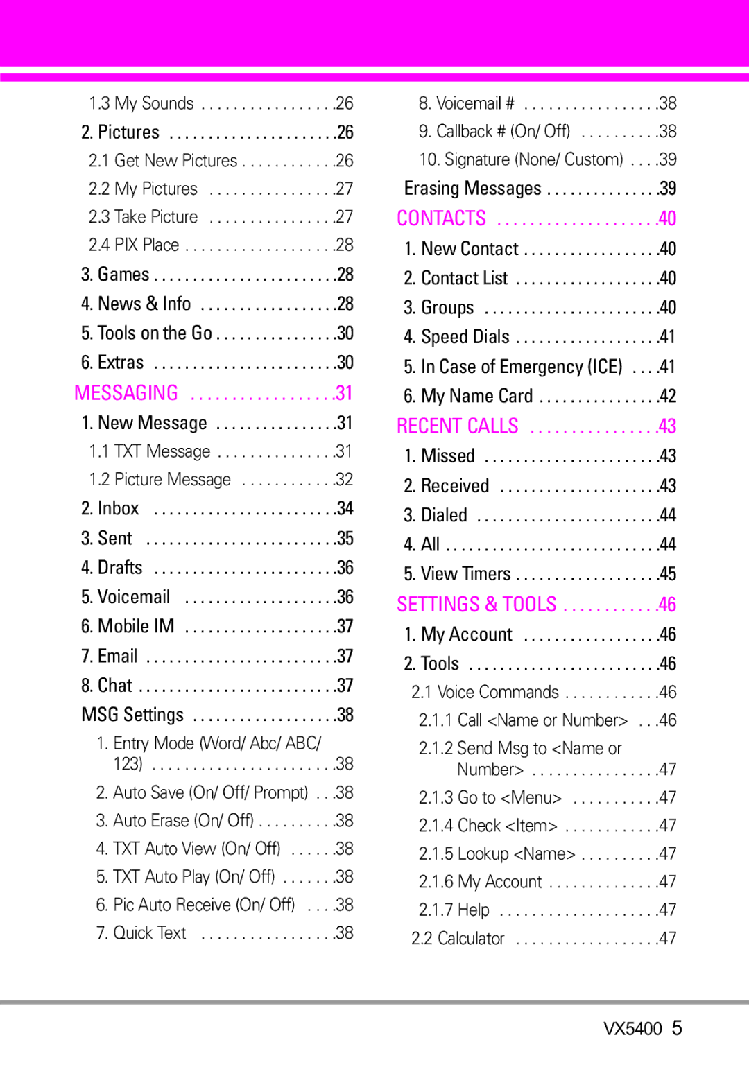 LG Electronics VX5400 manual Settings & Tools 